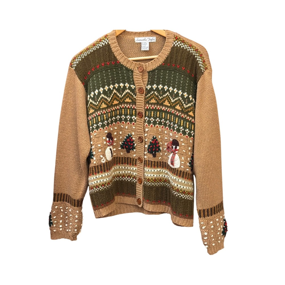 Vintage Samantha Taylor Cardigan Sweater Grandmacore Festive Holiday Snowman